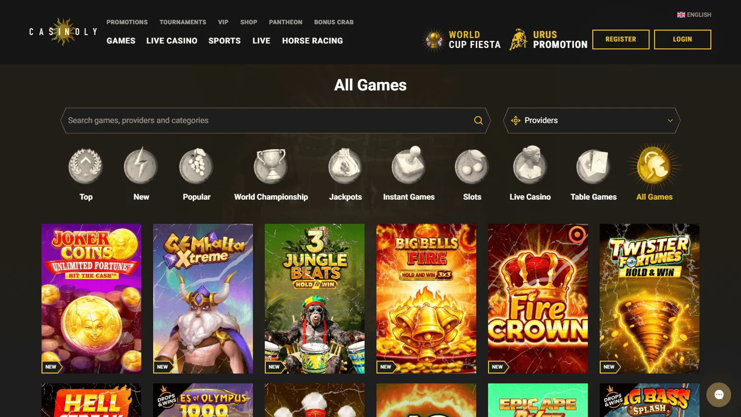 Casinoly Casino games lobby on desktop with slots, table games and live casino categories