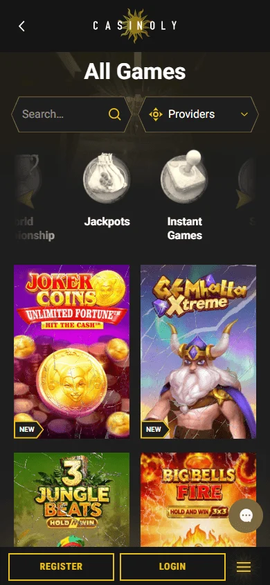Casinoly Casino games lobby on a mobile browser